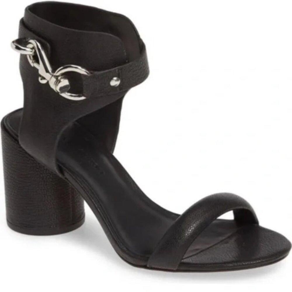 Rebecca Minkoff Malina black leather silver toggle hardware heels sandals